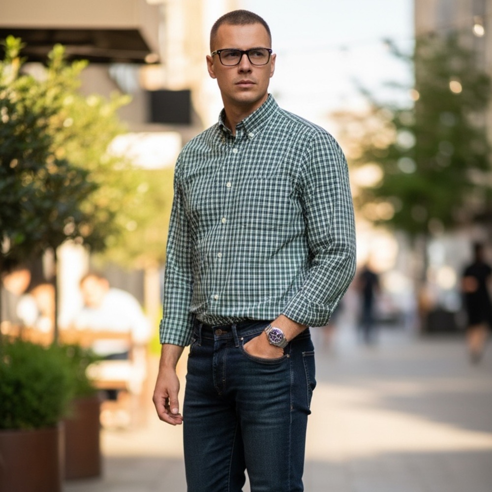 Green Checkered Casual Button Down Shirt